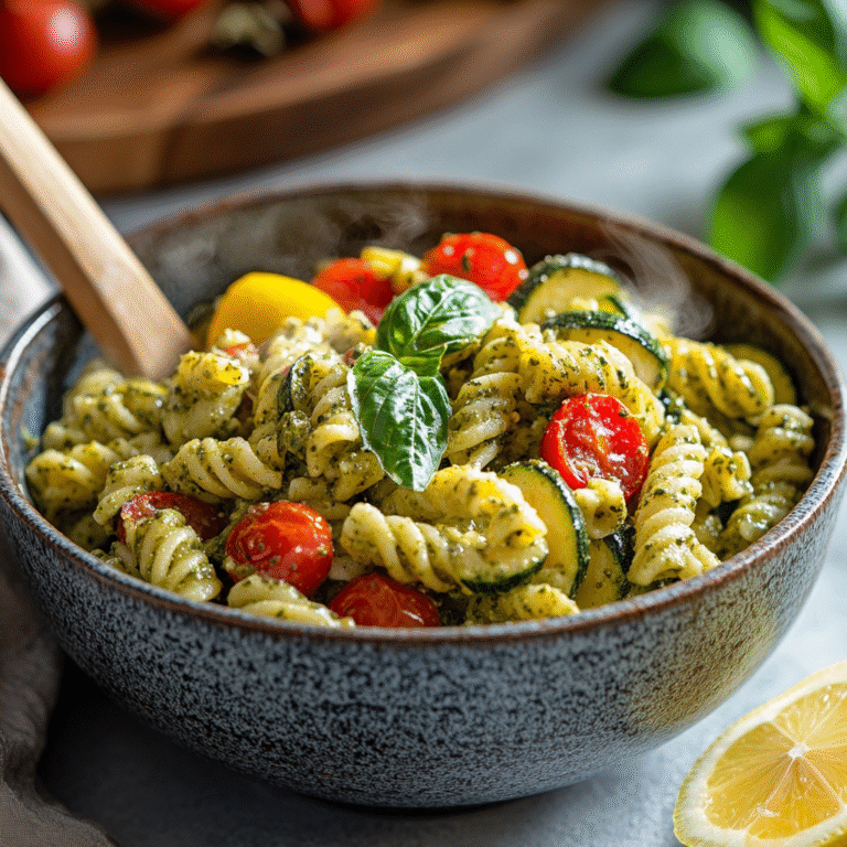 Creamy Pesto Pasta Salad with Roasted Veggies