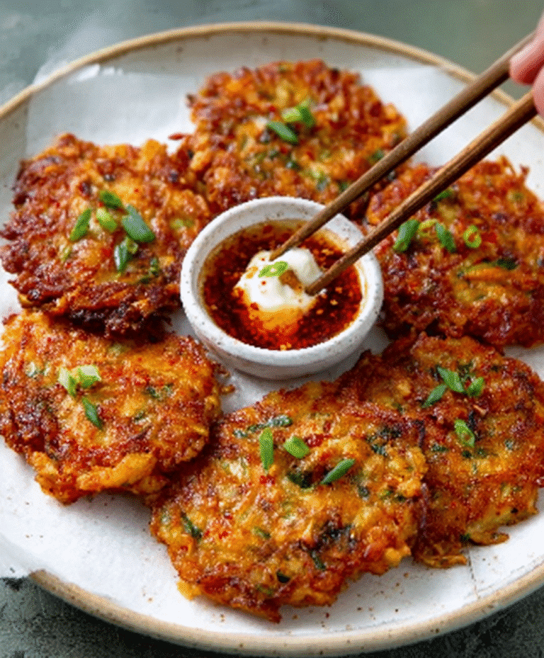 Crispy Kimchi Potato Pancakes with Gochujang Sour Cream