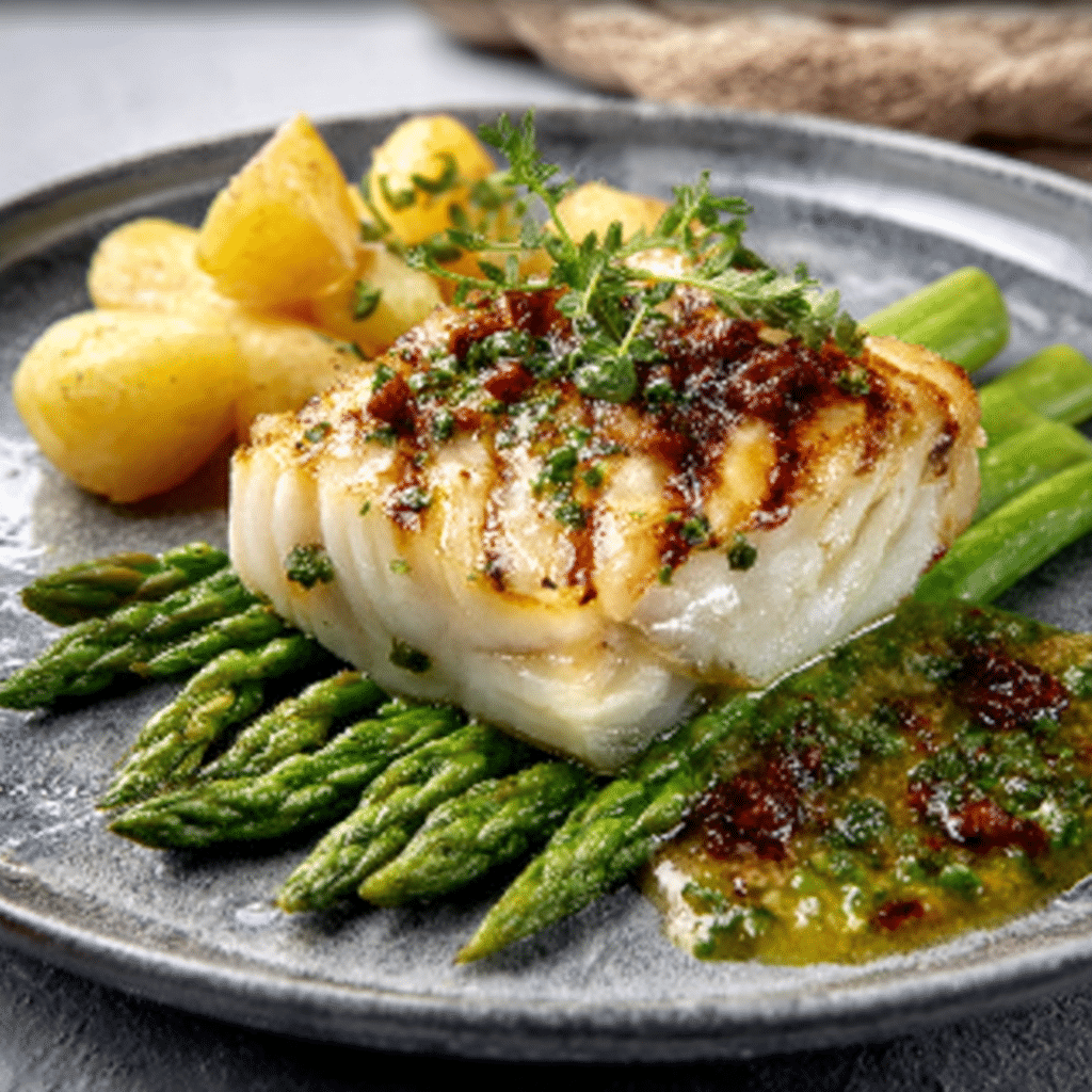 Roasted Cod with Asparagus and Citrus Sauce