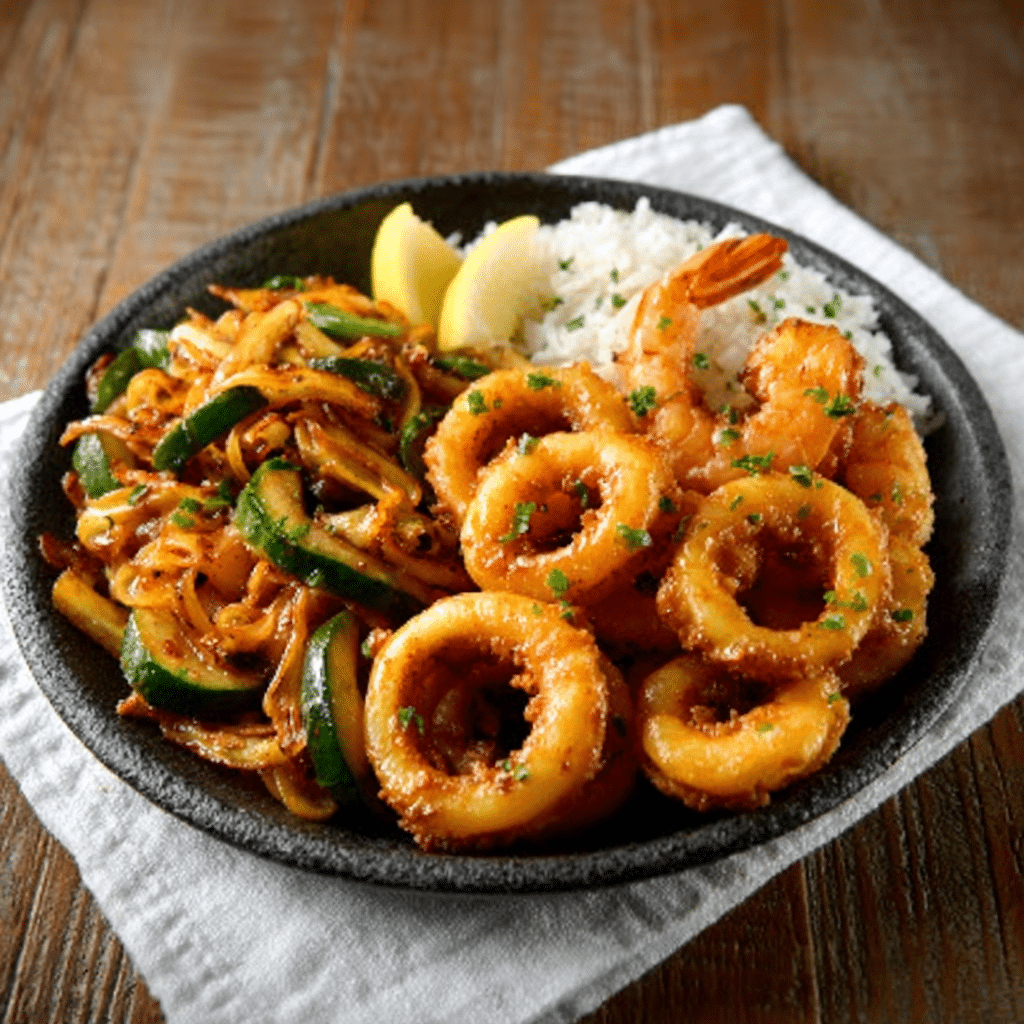 Sautéed Calamari Rings and Shrimp with Lemon