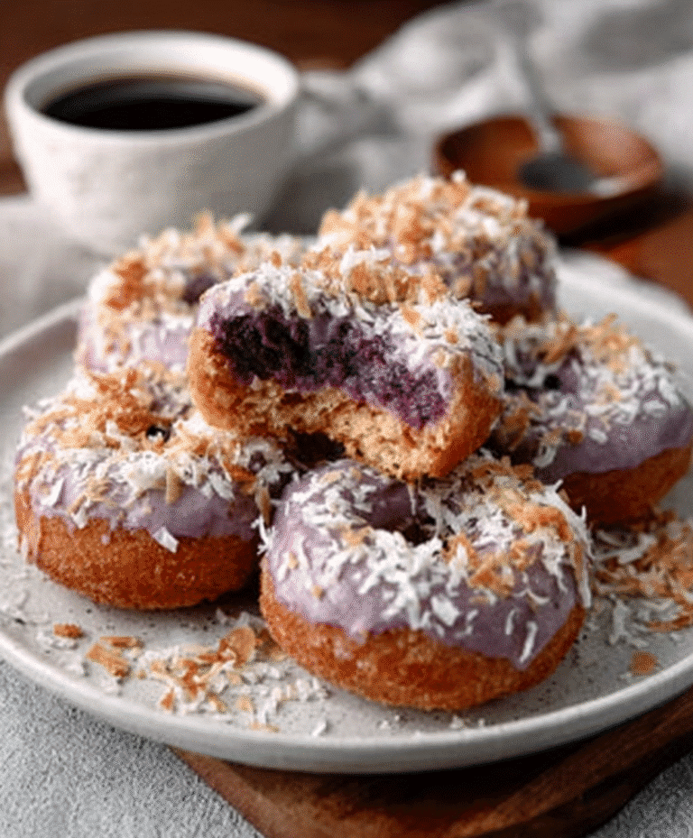 Ube Mochi Donuts with Coconut Shreds