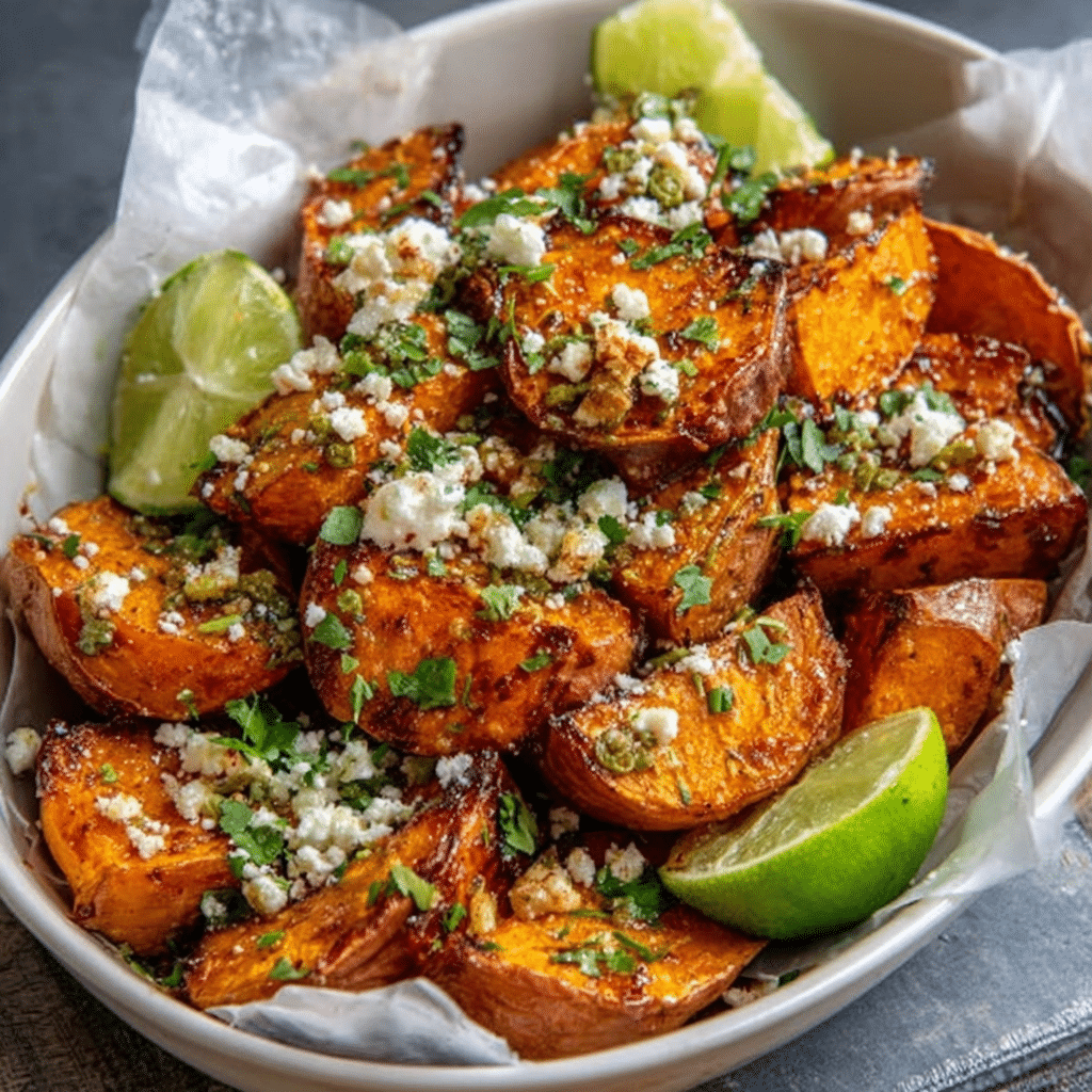 Chili-Lime Roasted Sweet Potatoes with Feta Crumble