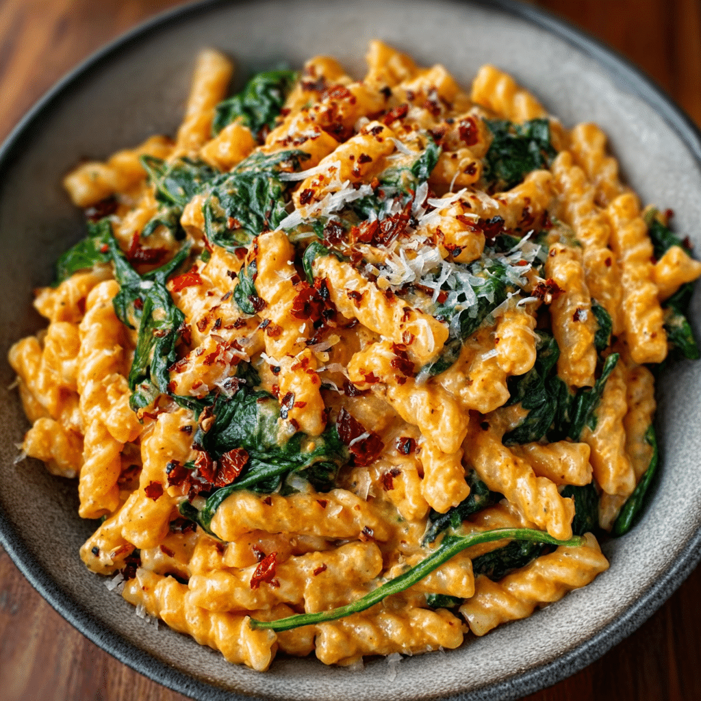Creamy Roasted Red Pepper Alfredo with Spinach
