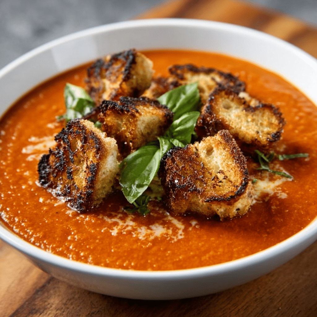 Creamy Tomato Bisque with Grilled Cheese Croutons