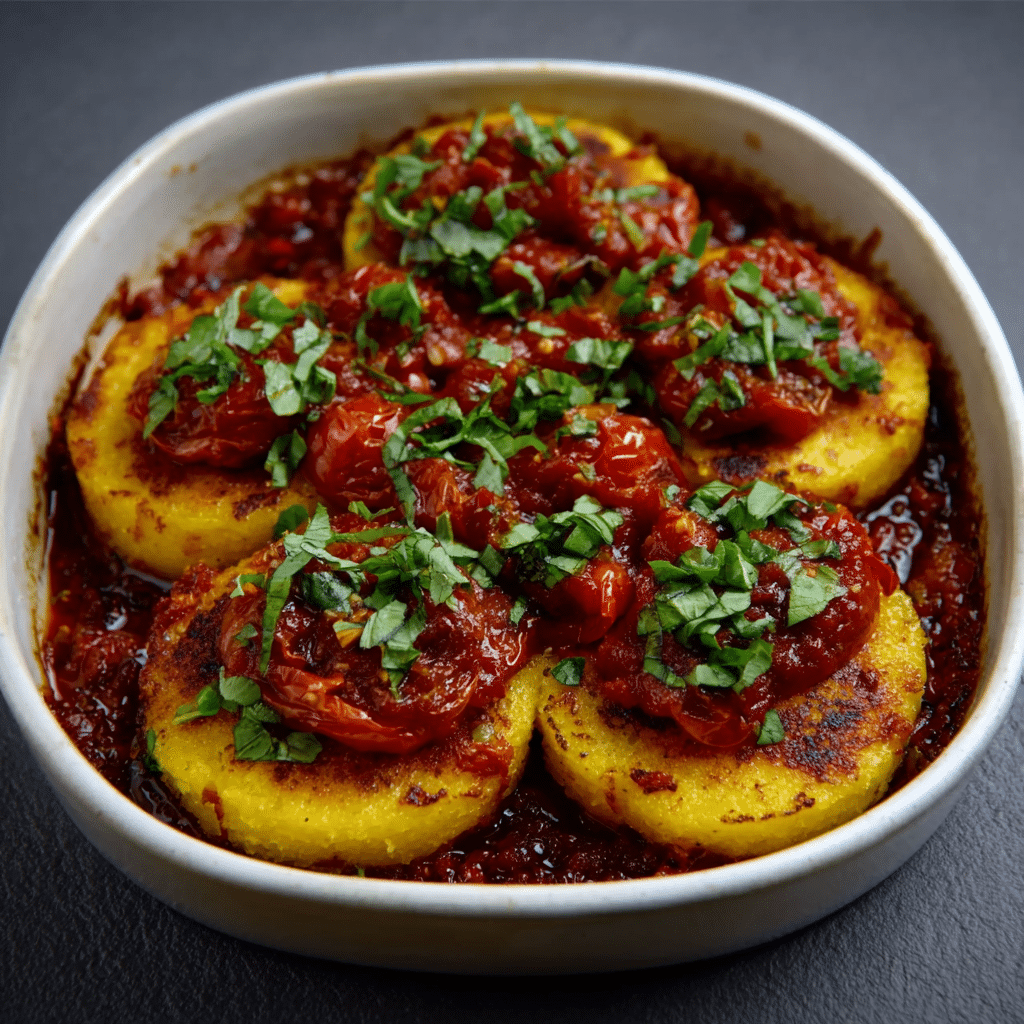 Crispy Polenta Cakes with Roasted Tomato Relish