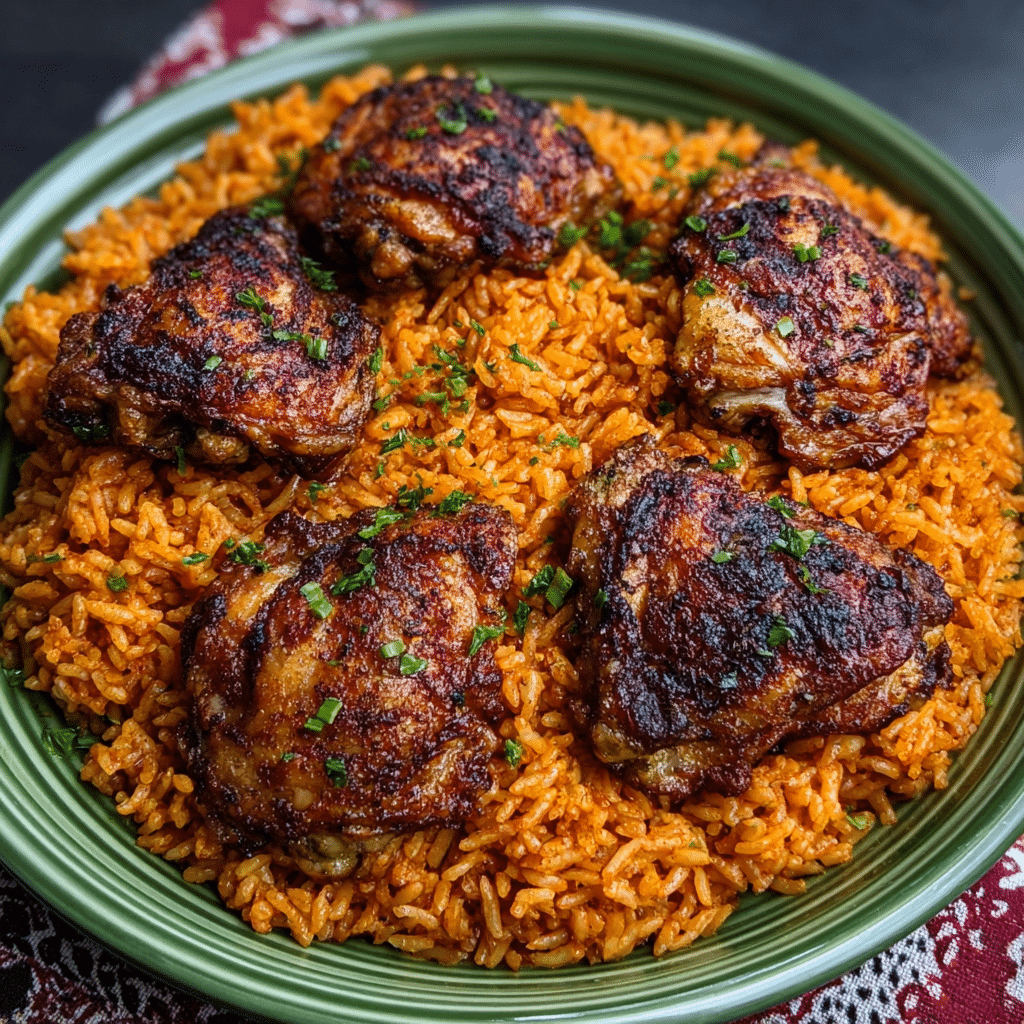 Ghanaian Jollof Rice with Smoked Chicken Thighs