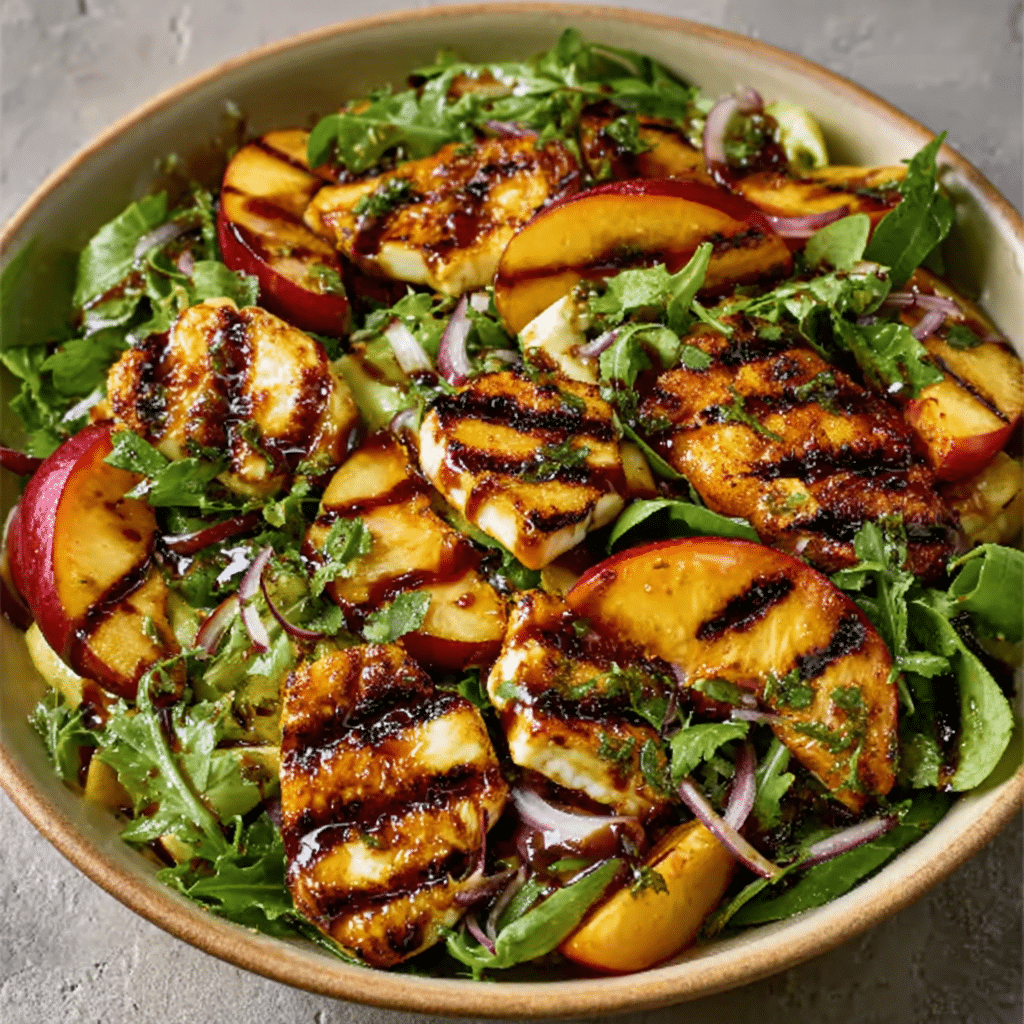 Grilled Peaches & Halloumi Salad with Balsamic Glaze