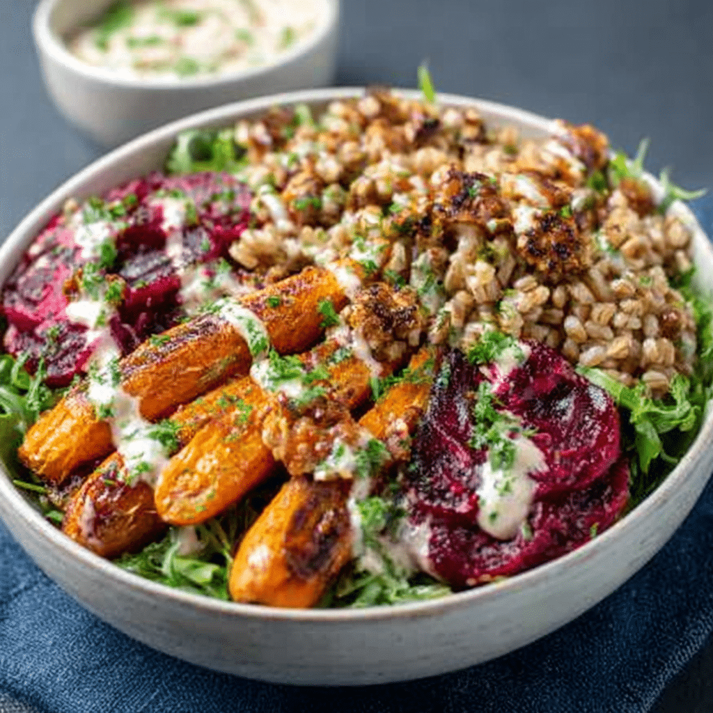 Roasted Carrot & Beetroot Farro Salad with Tahini Dressing