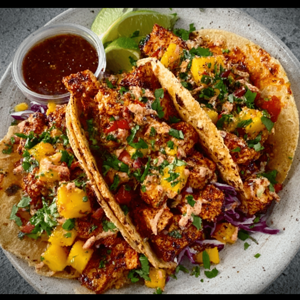 Smoky Tofu Tacos with Mango Salsa & Chipotle Crema