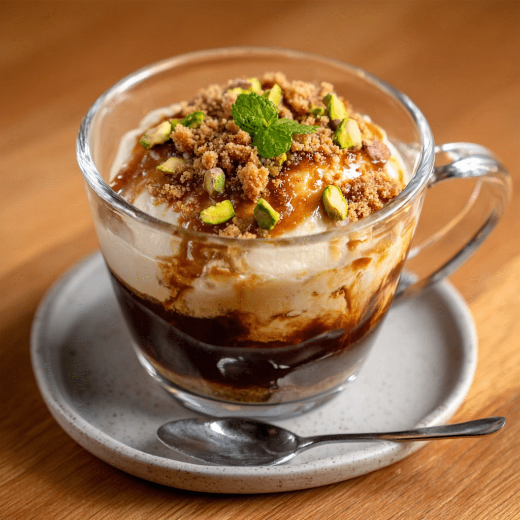 Rosewater Coffee Affogato with Lokum Crumbs