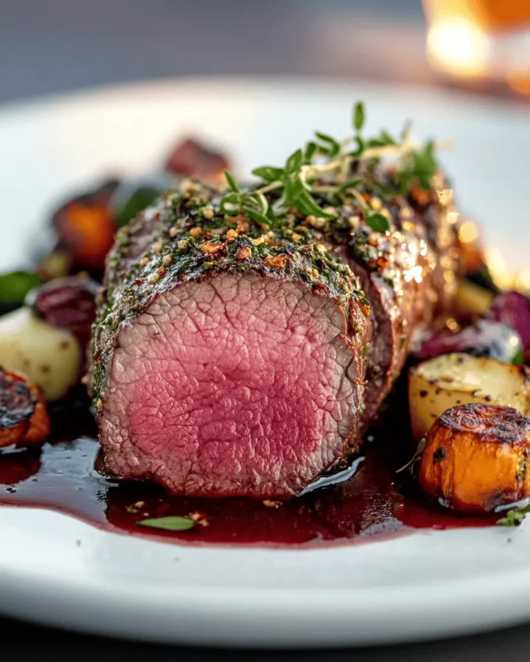 Herb-Crusted Beef Tenderloin with Red Wine Sauce First Image First Image