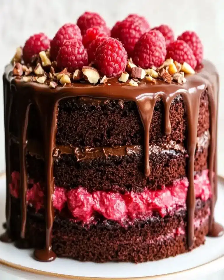 EXTRA MOIST CHOCOLATE, RASPBERRY & ROASTED HAZELNUT CAKE with whipped ganache First Image First Image