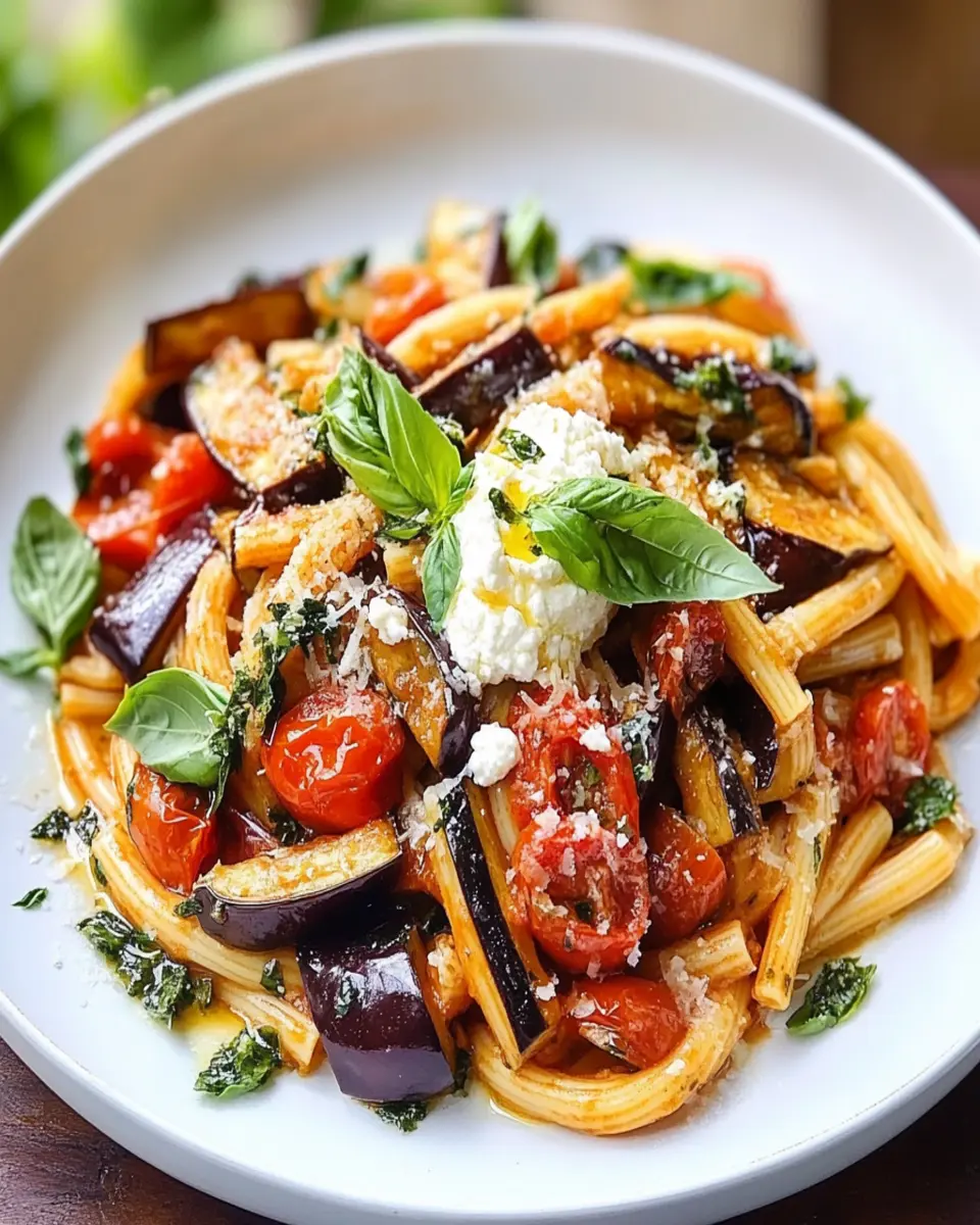 Sicilian pasta with eggplant, tomatoes and ricotta First Image First Image