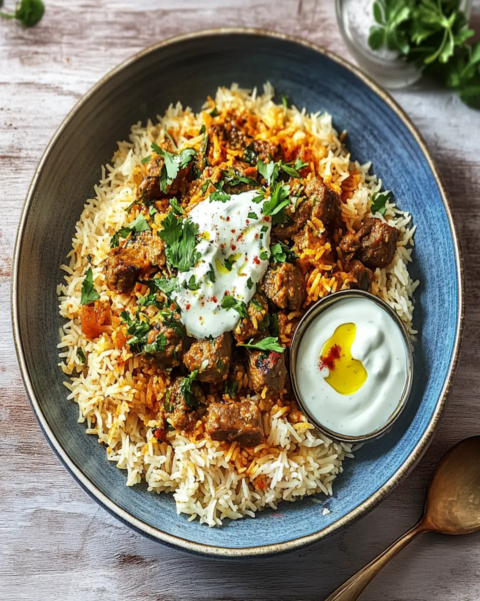 Pakistani Spiced Rice with Meat and Yogurt Sauce First Image First Image