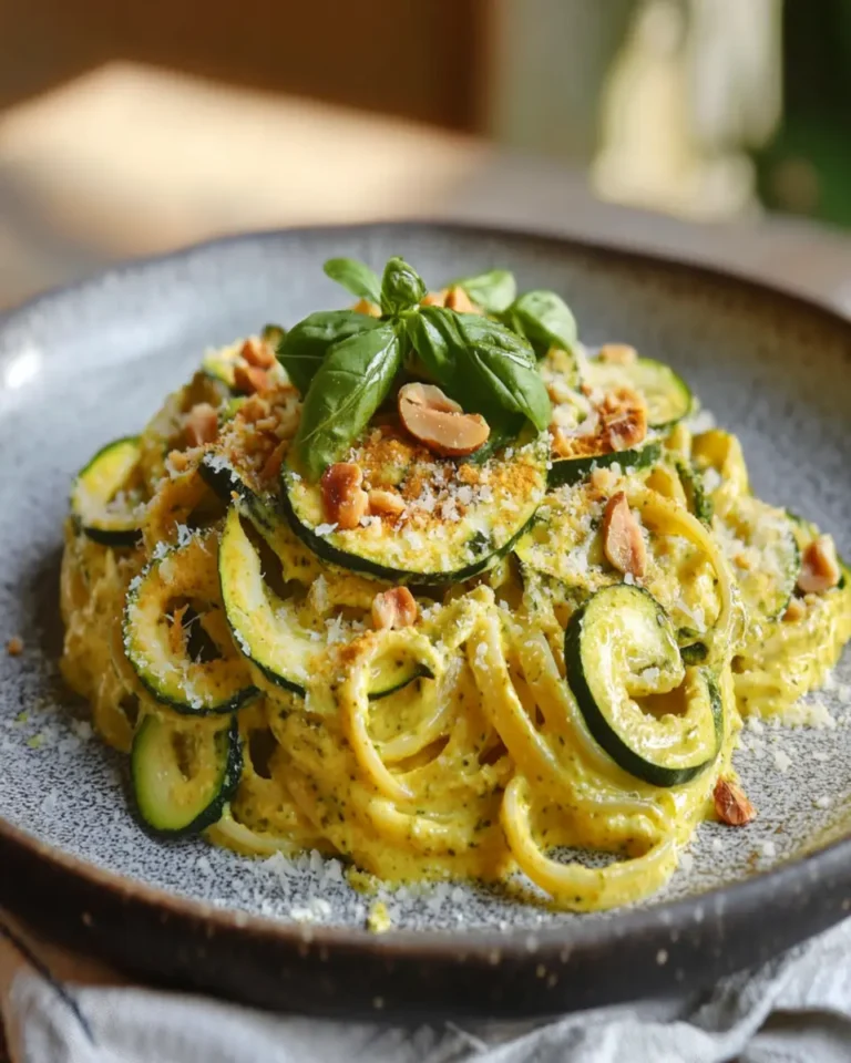 Turmeric Cashew Cream Pasta with Zucchini Ribbons First Image First Image
