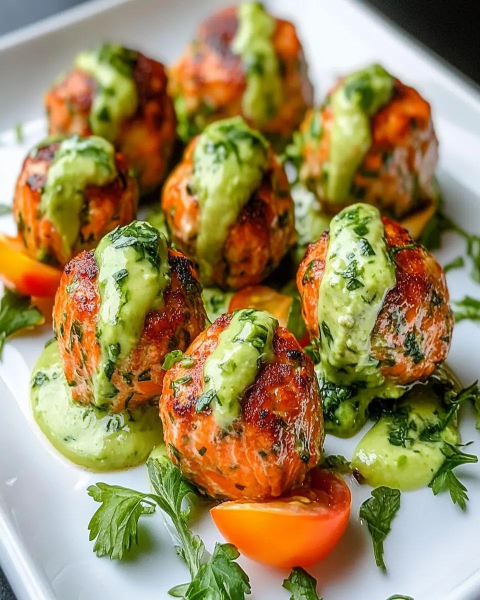 Baked Salmon Meatballs with Creamy Avocado Sauce First Image First Image
