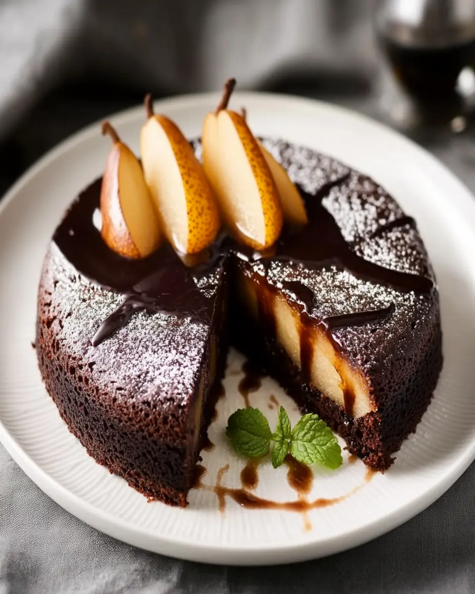 Decadent Flourless Olive Oil Chocolate Cake with Spiced Pears First Image First Image